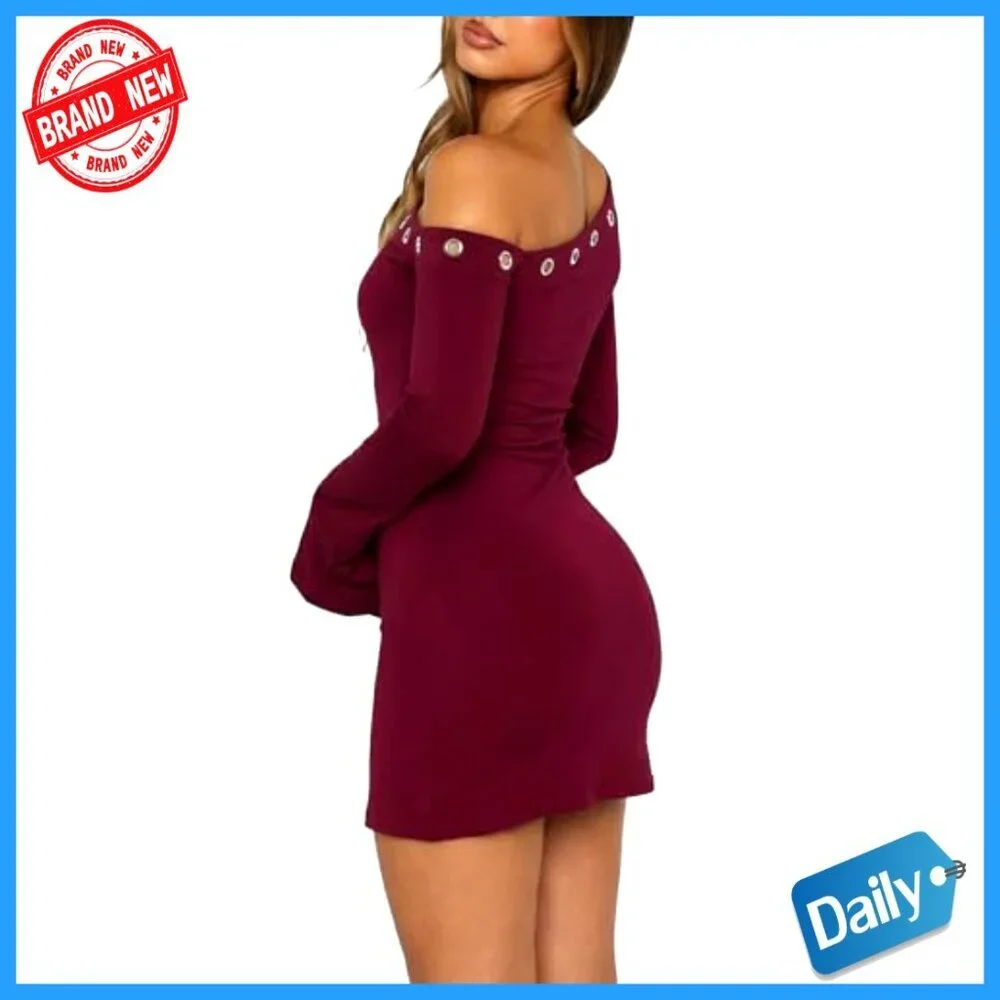 Off Shoulder Long Flared Sleeve Mini Bodycon Dress for Party Club